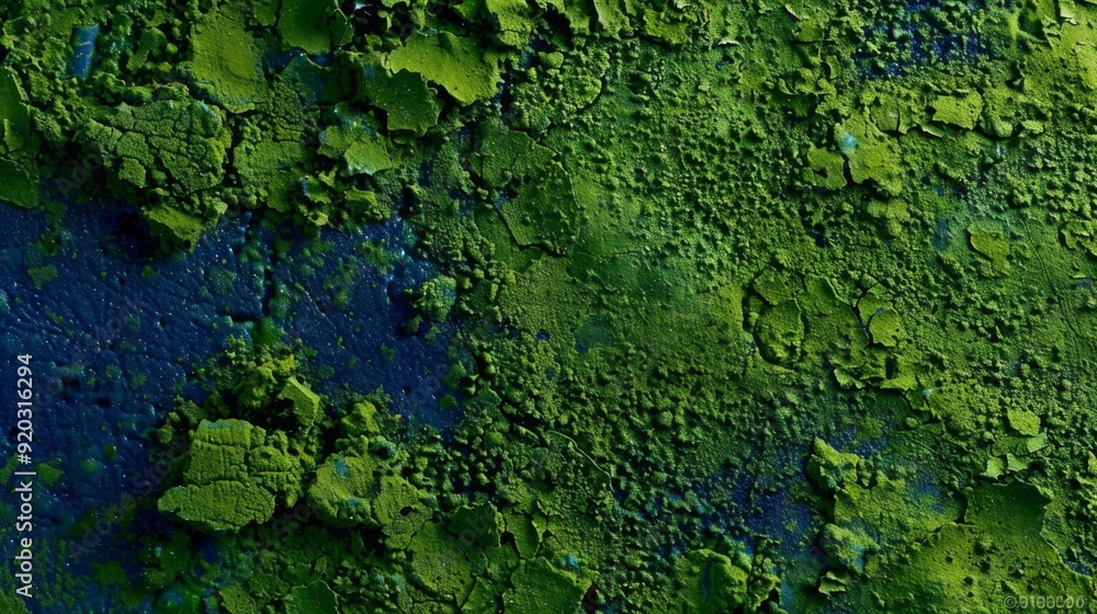 A close-up of a rough, dark green and blue surface with visible cracks. The rough texture of the ground. Powder or a dusty substance. A close-up of a rough, dark green and blue surface with visible cracks. The rough texture of the ground. Powder or a dusty substance.