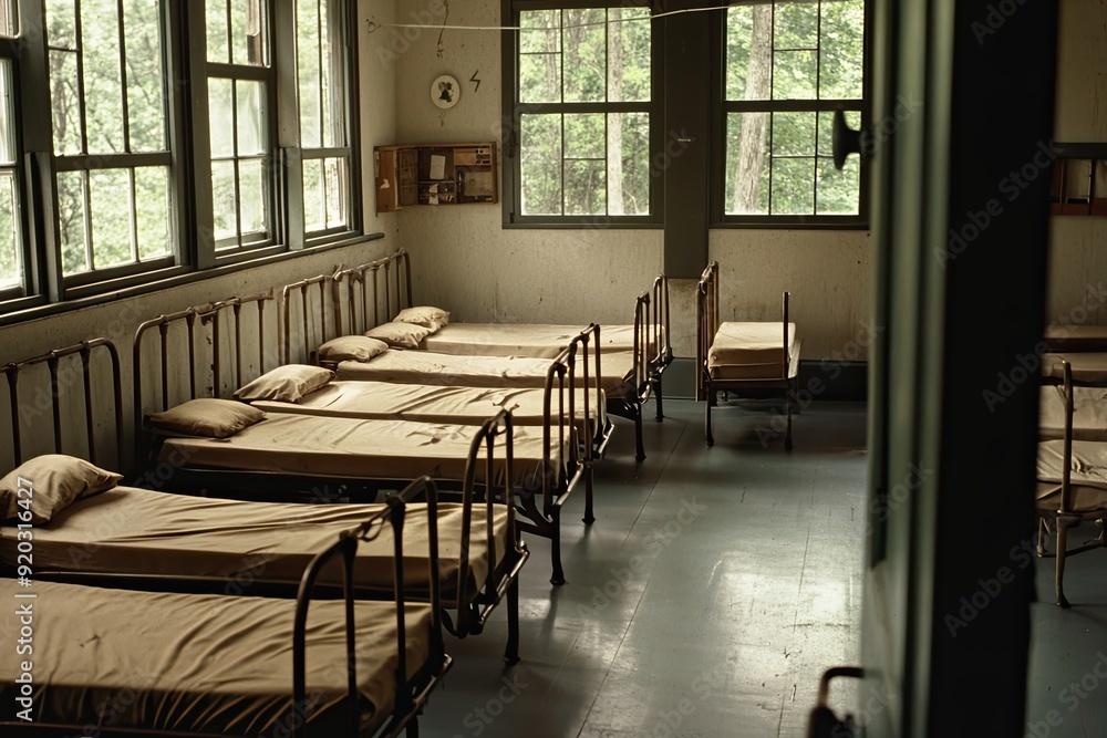 Rows of Empty Metal-Framed Beds in a Room with Windows Rows of Empty Metal-Framed Beds in a Room with Windows