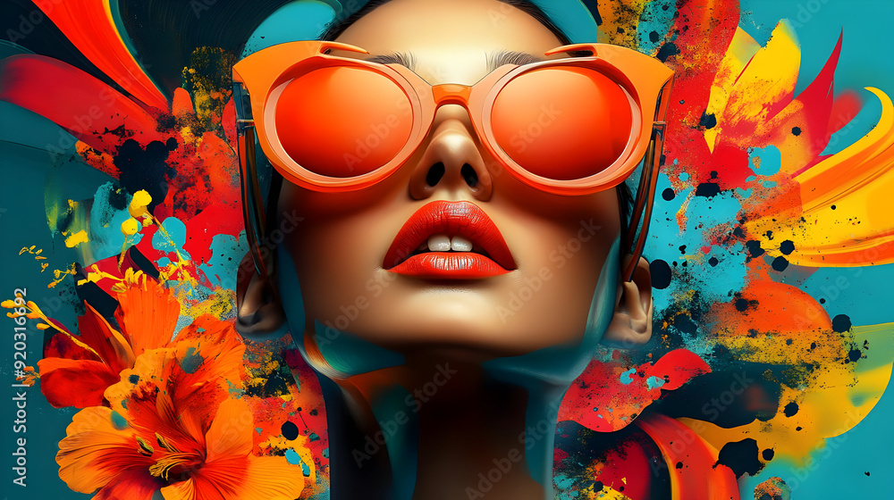 A vibrant portrait of a woman with bold sunglasses amidst colorful splashes and flowers. A vibrant portrait of a woman with bold sunglasses amidst colorful splashes and flowers.