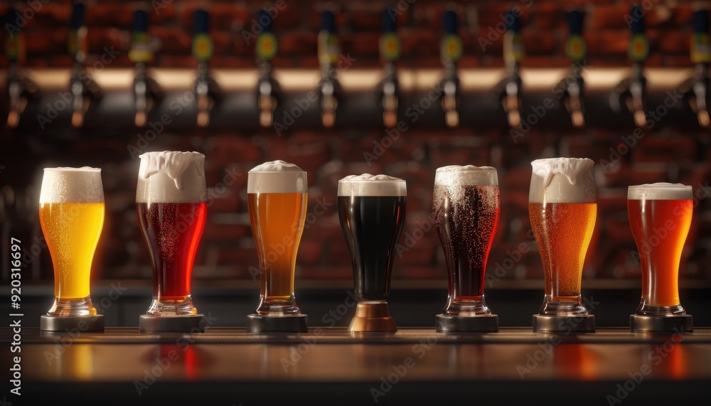 Variety of craft beers displayed on a wooden bar top in a brewery Variety of craft beers displayed on a wooden bar top in a brewery