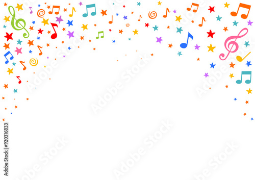 Music notes background,  musical frame. Decorative, colored frame with music notes. Perfect as a postcards, posters, invitation cards. Decorative frame. Audio recording signs burst. Vector illustratio