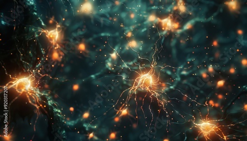 Neurons connected by synapses glowing in a dark background during microscopy observation