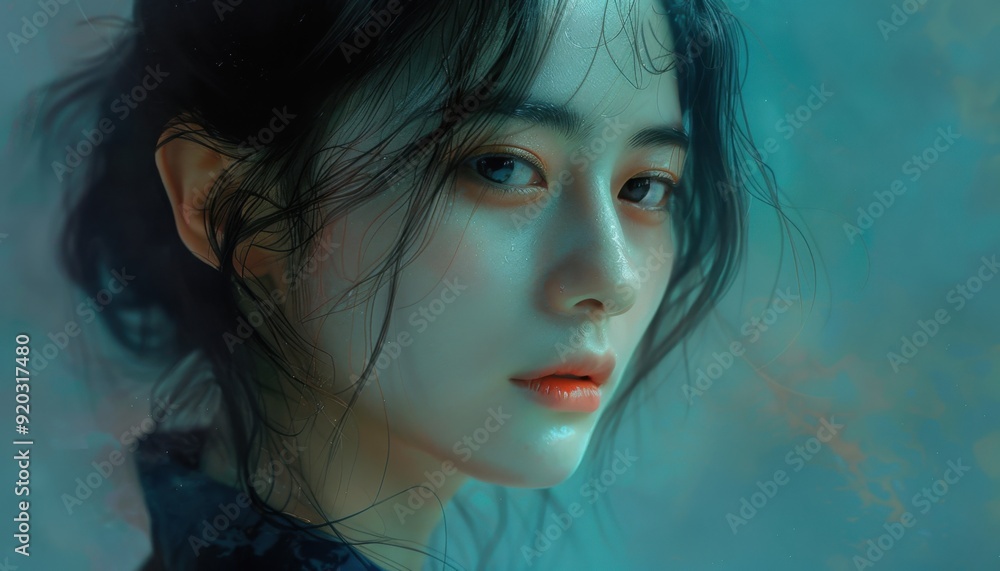 Young woman with flowing hair thoughtfully gazes against a misty blue backdrop Young woman with flowing hair thoughtfully gazes against a misty blue backdrop