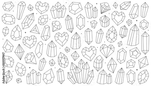 Set of outline crystals and stones. Crystals and diamonds, gemstones, precious stones, treasures. Doodle illustrations, line, icons, logo design. Magic and esoteric stones.