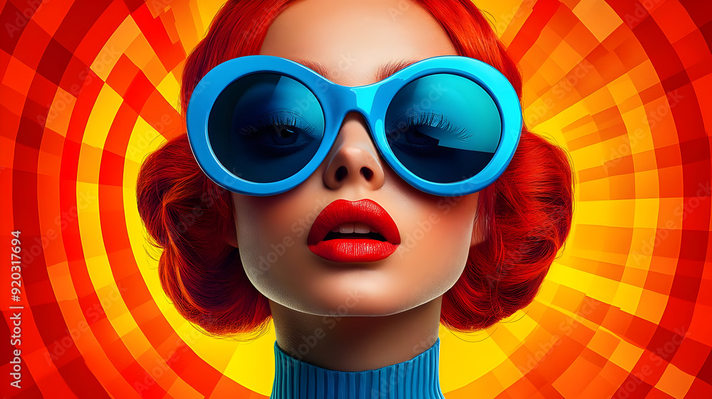 A vibrant portrait of a woman with bold red hair and oversized blue sunglasses against a colorful background. A vibrant portrait of a woman with bold red hair and oversized blue sunglasses against a colorful background.