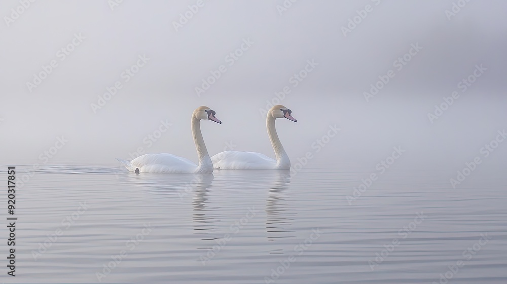 Two White Swans Swimming in a Misty Lake Two White Swans Swimming in a Misty Lake