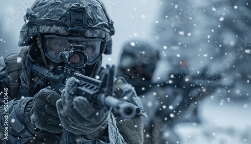 Soldiers training in snow-covered forest during winter exercises