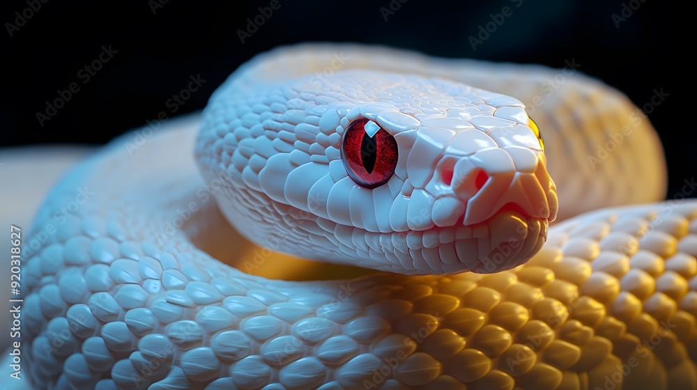 Albino Snake: An albino snake with pure white scales and striking red eyes, set against a dark background.
Albino Snake: An albino snake with pure white scales and striking red eyes, set against a dark background.