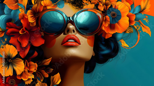 A vibrant illustration of a woman with flowers and sunglasses, exuding style and beauty.