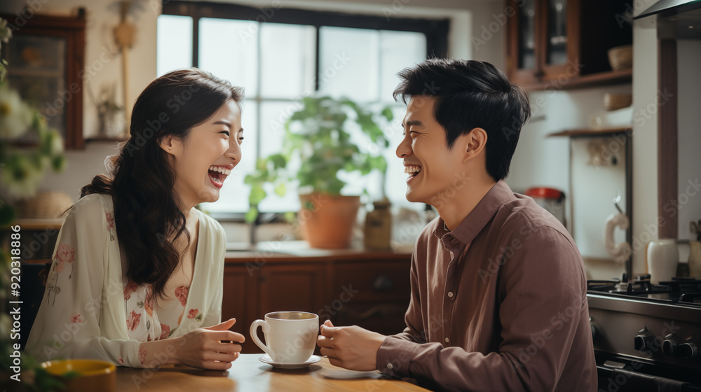 Asian married couple smiling and looking to camera at kitchen in home. Asian married couple smiling and looking to camera at kitchen in home.