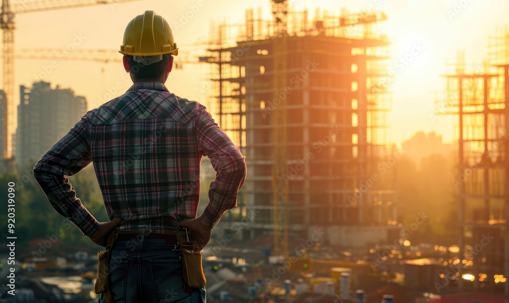 Engineer standing and supervising construction work The background is a building under construction Engineer standing and supervising construction work The background is a building under construction