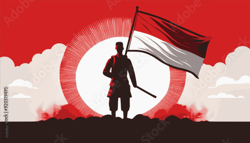 background illustration about independence, silhouette of Indonesian national army holding red and white flag, red and white color concept