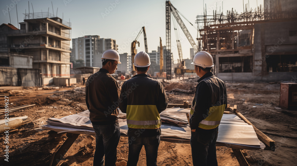 Engineering, workers and architects wearing work clothes meeting and discussion in construction site. Engineering, workers and architects wearing work clothes meeting and discussion in construction site.