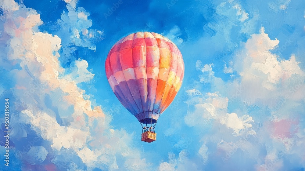 Fototapeta premium Colorful hot air balloon drifting through a serene sky, watercolor oil painting with soft pastels, ideal for a playful child's room atmosphere