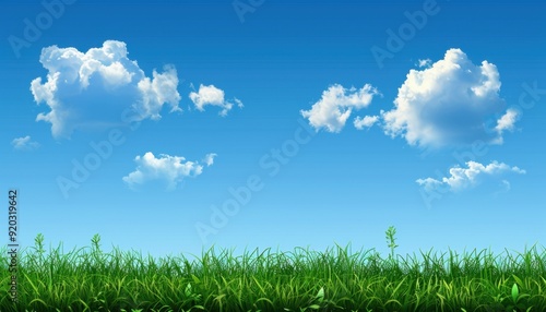 Bright blue sky with fluffy clouds above lush green grass in a serene landscape