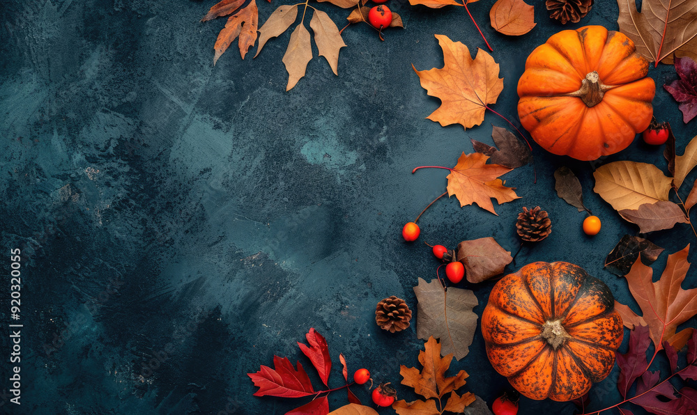 Thanksgiving and Autumn decoration concept made from autumn leaves and pumpkin on dark background. Flat lay, top view with copy space Thanksgiving and Autumn decoration concept made from autumn leaves and pumpkin on dark background. Flat lay, top view with copy space