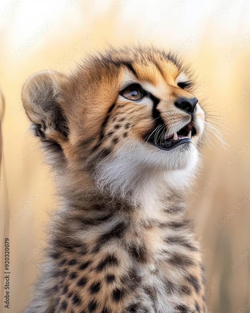 Obraz premium An intimate close-up of a cheetah cub playing in the savannah, side view, showcasing the detailed fur under warm lighting.