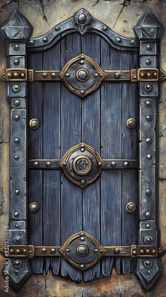 Fototapeta premium Ornate Wooden Door with Metal Accents and Rivets