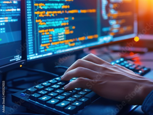 A close-up of a hand typing on a keyboard, with screens displaying colorful code in a dimly lit environment.