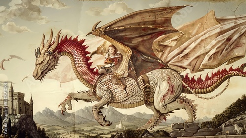 A noble illustration of the dragon St Georges dragon, captured in a moment of dramatic conflict with detailed artistry in Renaissance art