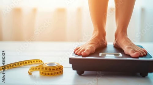 A close-up of bare feet on a weighing scale with a measuring tape, symbolizing health, fitness, and weight management.