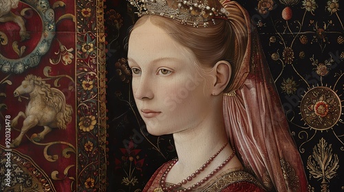 Queen Philippa of Hainault depicted with dignified beauty and intricate patterns in Renaissance art