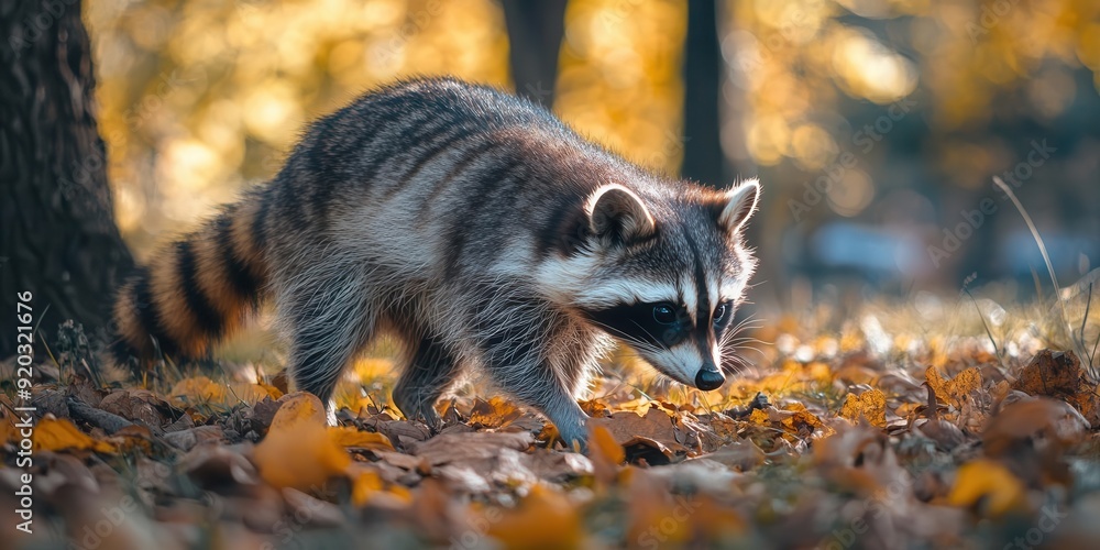 A detailed close-up of a raccoon foraging in a suburban area, side view, with the urban environment faintly seen in the background. A detailed close-up of a raccoon foraging in a suburban area, side view, with the urban environment faintly seen in the background.