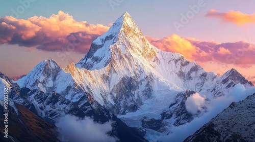 Majestic snow-capped mountain peak with dramatic sky at sunset.