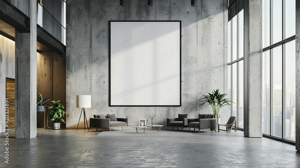Concept of Advertising Space in a Modern Office with a Large Blank White Poster on a Concrete Wall Concept of Advertising Space in a Modern Office with a Large Blank White Poster on a Concrete Wall