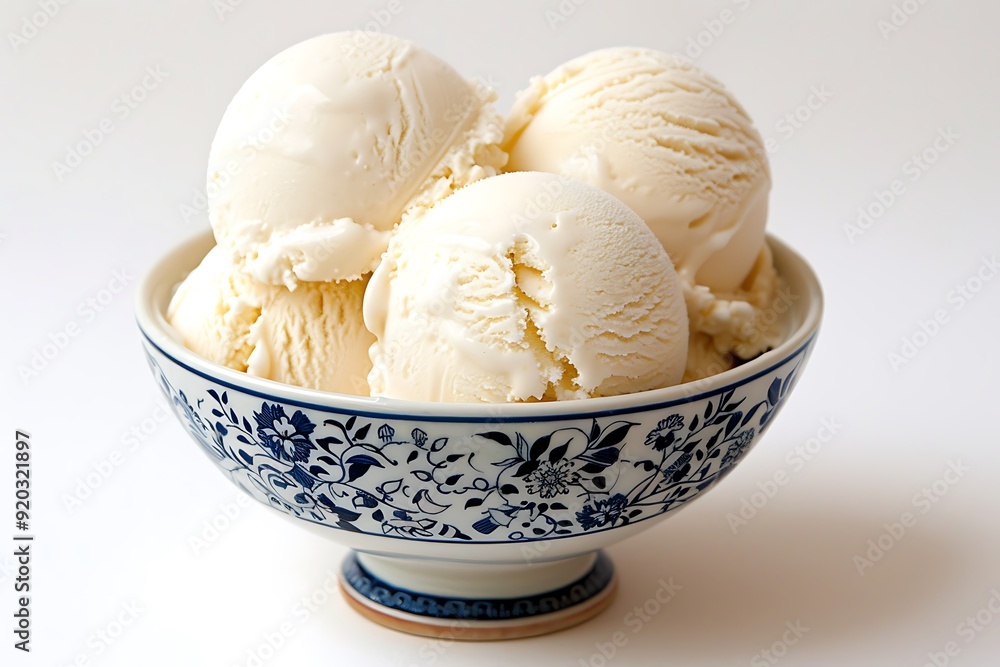 Scoops of vanilla ice cream in a bowl on white background Scoops of vanilla ice cream in a bowl on white background