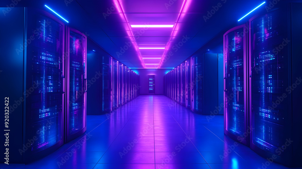A futuristic data center corridor illuminated with neon lights. A futuristic data center corridor illuminated with neon lights.