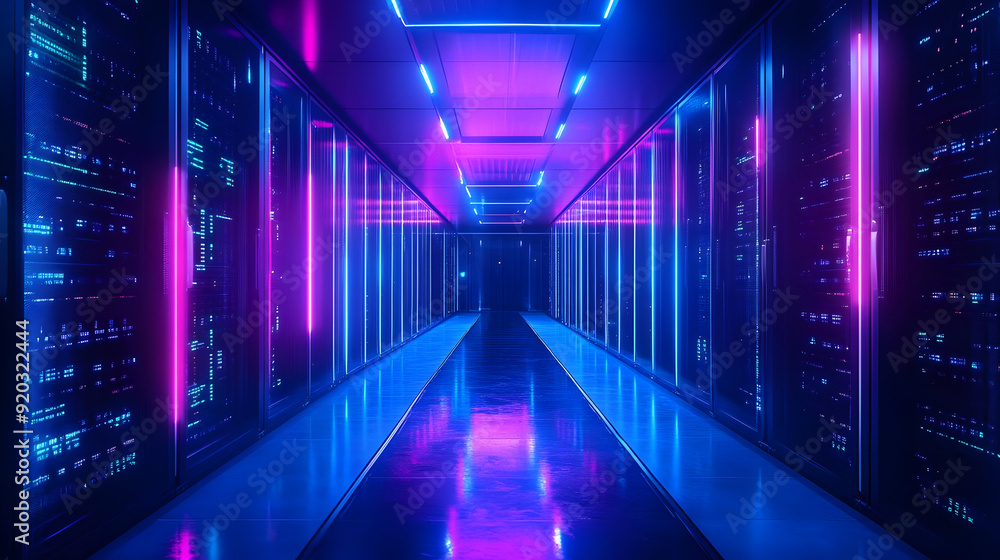 A futuristic corridor illuminated with neon lights, resembling a high-tech data center. A futuristic corridor illuminated with neon lights, resembling a high-tech data center.