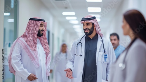 Two doctors, one in traditional Arabic clothing, smiling and talking in a hospital hallway.