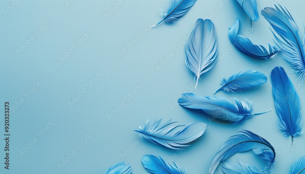 Blue feathers scattered on a light blue background Blue feathers scattered on a light blue background
