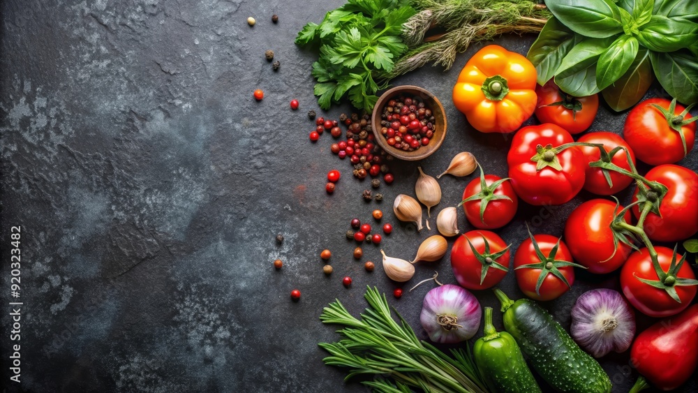 Fresh vegetables and herbs arranged on a dark surface with tomatoes as the focal point, fresh Fresh vegetables and herbs arranged on a dark surface with tomatoes as the focal point, fresh