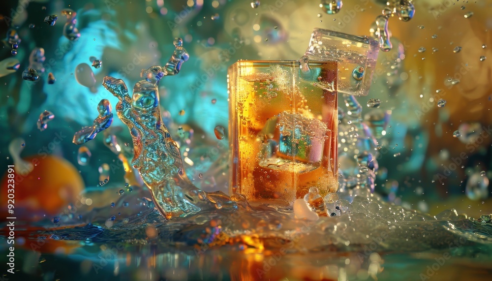 Refreshing drink splashing in colorful liquid with ice cubes in a dynamic setting Refreshing drink splashing in colorful liquid with ice cubes in a dynamic setting