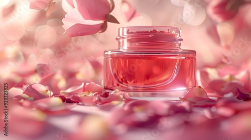 Cosmetic Jar with Flower Petals: A cosmetic jar surrounded by flowing flower petals in the background.
