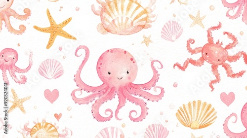 Watercolor illustration of pink octopus with shells and starfish on a white background.