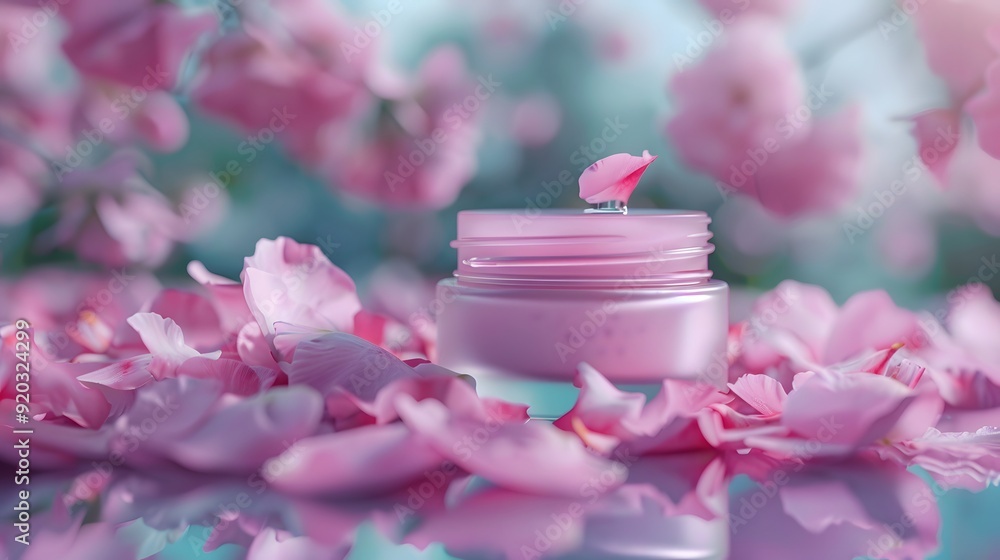 Cosmetic Jar with Flower Petals: A cosmetic jar surrounded by flowing flower petals in the background.
Cosmetic Jar with Flower Petals: A cosmetic jar surrounded by flowing flower petals in the background.