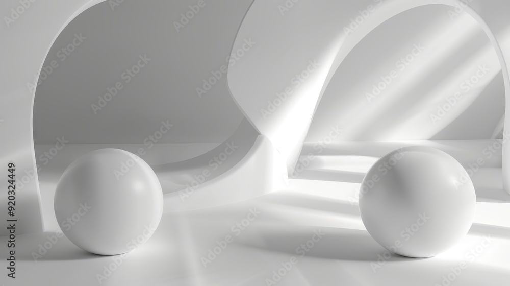 Two white spheres rest on a clean surface while soft light filters through a curved geometric structure Two white spheres rest on a clean surface while soft light filters through a curved geometric structure