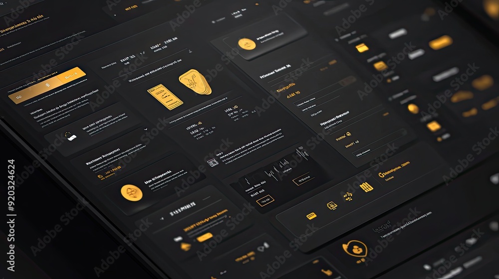 Black and Gold Digital Dashboard with Financial Data and Icons Black and Gold Digital Dashboard with Financial Data and Icons