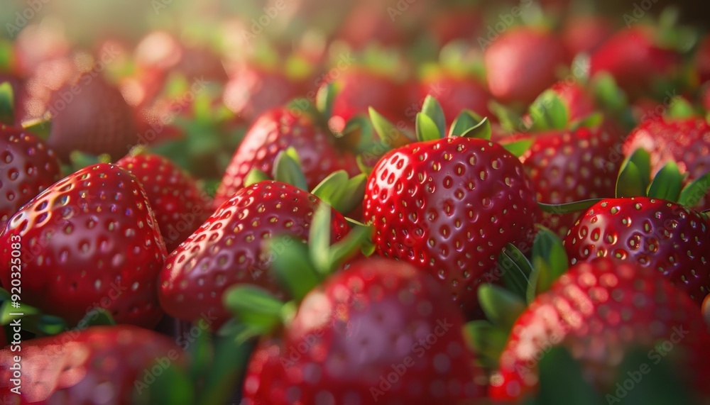 Fresh red strawberries in a sunlit field during late spring harvest Fresh red strawberries in a sunlit field during late spring harvest
