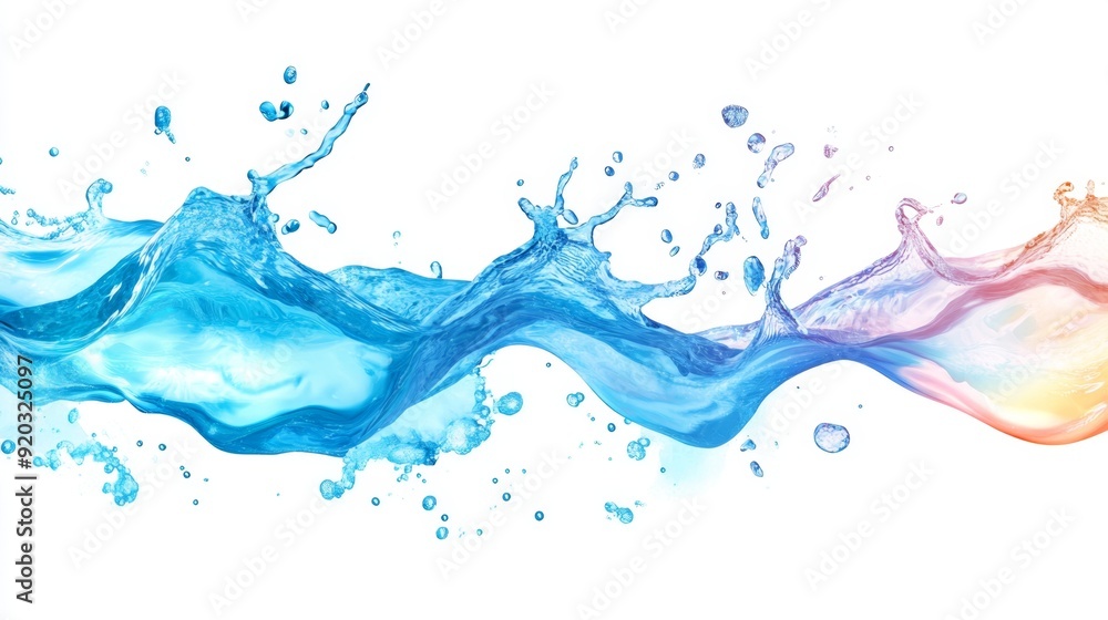 A blue water splash with bubbles and a rainbow effect on the right side, isolated on a white background. A blue water splash with bubbles and a rainbow effect on the right side, isolated on a white background.
