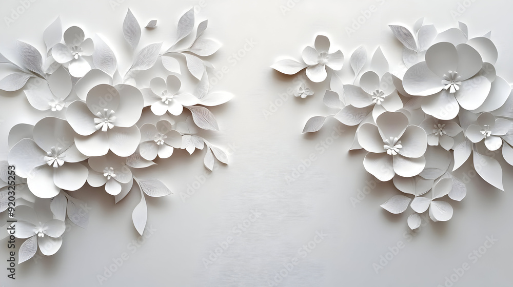 A serene arrangement of white paper flowers and leaves on a light background. A serene arrangement of white paper flowers and leaves on a light background.
