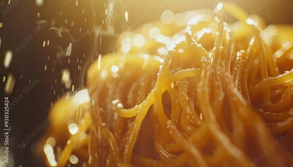 Close-up of steaming pasta being drizzled with olive oil in a warm kitchen setting Close-up of steaming pasta being drizzled with olive oil in a warm kitchen setting
