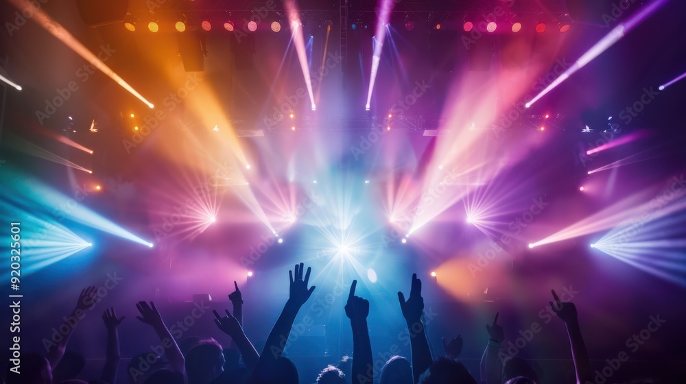 A vibrant concert scene with colorful lights illuminating a crowd, creating an energetic atmosphere filled with excitement. A vibrant concert scene with colorful lights illuminating a crowd, creating an energetic atmosphere filled with excitement.