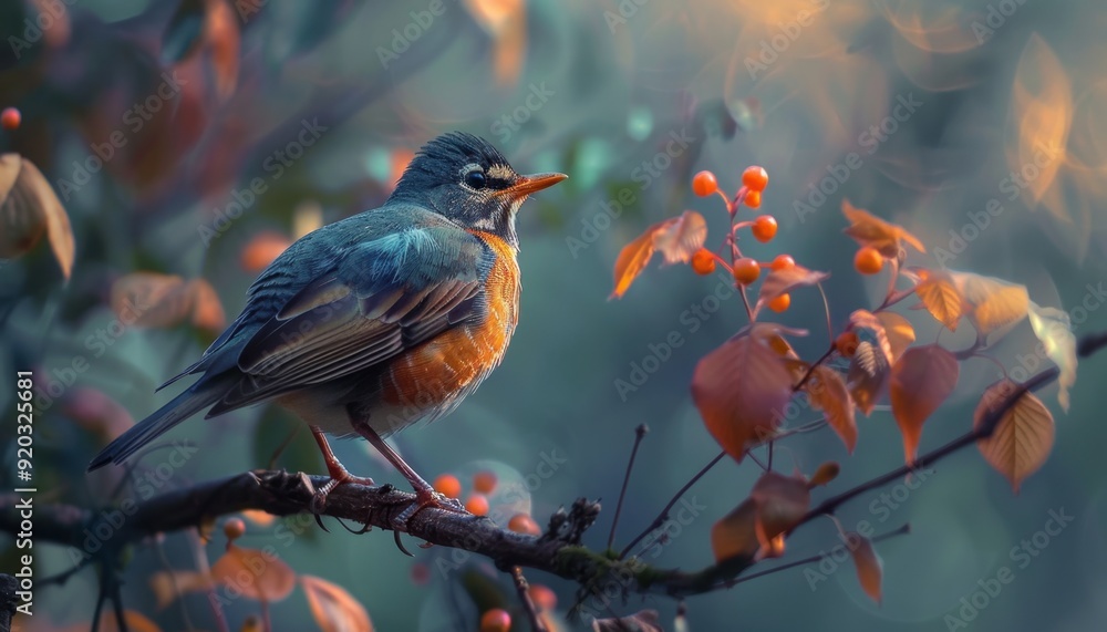 A robin perched on a branch surrounded by colorful autumn leaves and berries in the morning light A robin perched on a branch surrounded by colorful autumn leaves and berries in the morning light
