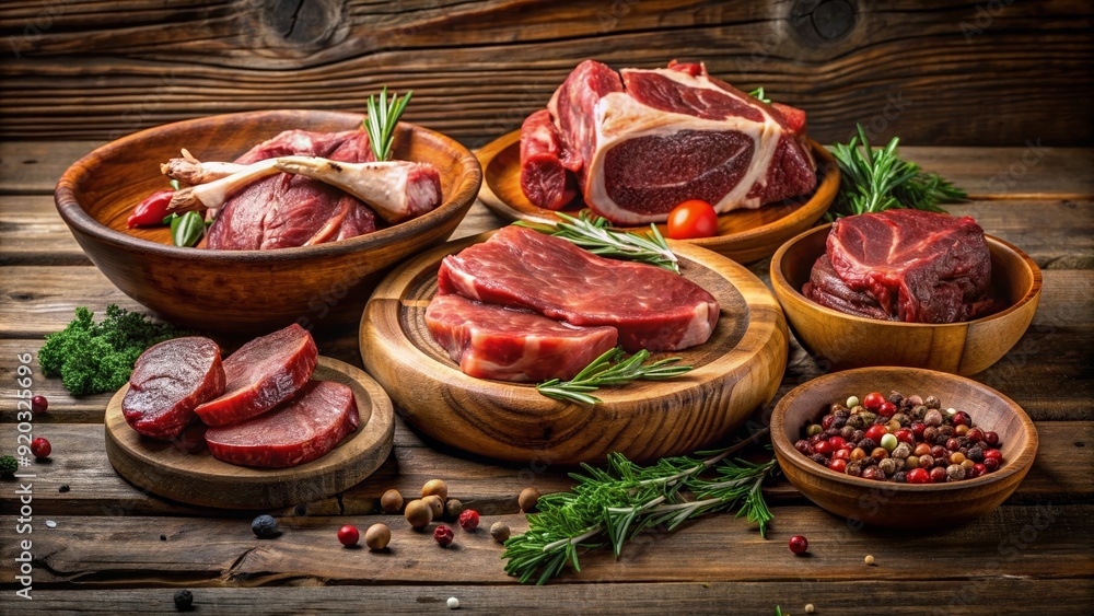 Jerked meat, cow, deer, wild beast or biltong in wooden bowls on a rustic table , jerky, meat, dried, beef, venison, game, biltong Jerked meat, cow, deer, wild beast or biltong in wooden bowls on a rustic table , jerky, meat, dried, beef, venison, game, biltong