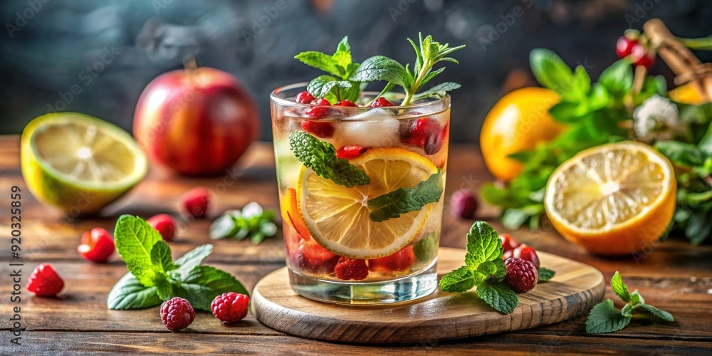 Refreshing and flavorful cocktail with a mix of fruits and herbs, cocktail, drink, beverage, refreshment, alcohol, mixology Refreshing and flavorful cocktail with a mix of fruits and herbs, cocktail, drink, beverage, refreshment, alcohol, mixology