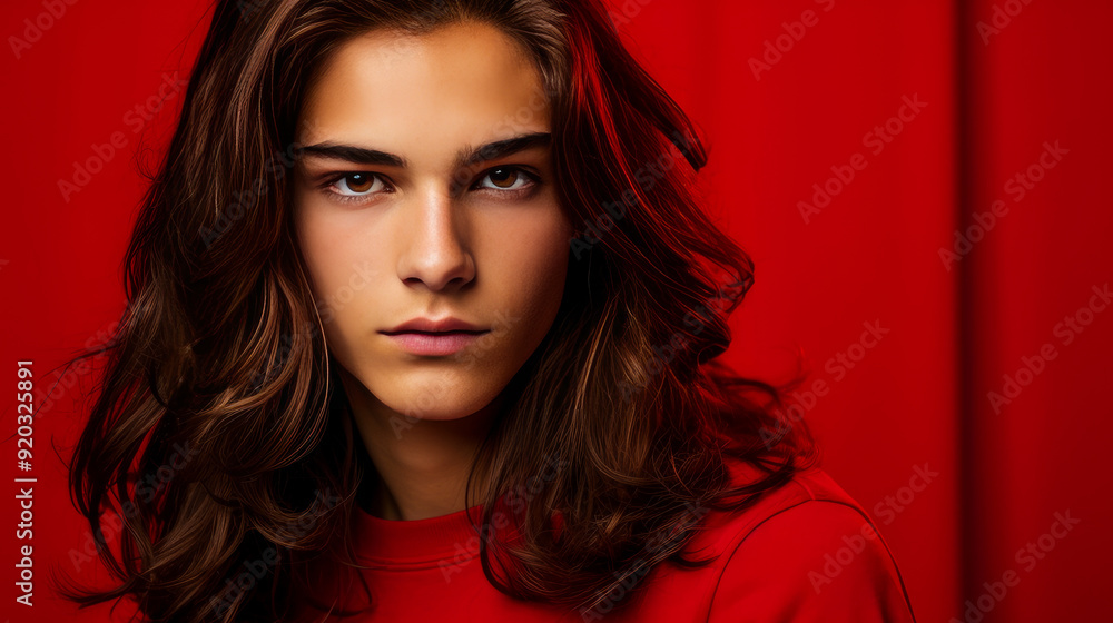 Happy cheerful young latino generation z. Smiling funny ethnic cool generation z teenage student with long hair, red background. Happy cheerful young latino generation z. Smiling funny ethnic cool generation z teenage student with long hair, red background.